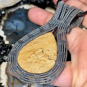 Copper Wire-wrapped Brown Picture Jasper Crystal Pendant 3”